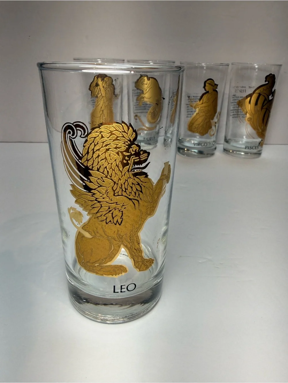 Vintage MCM Hocking 22K Gold Zodiac Highball Glass Tumblers Set of 5 - Picture 2 of 12